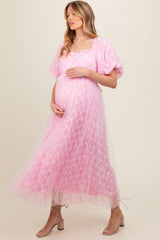 Pink Balloon Sleeve Embroidery Mesh Maternity Midi Dress