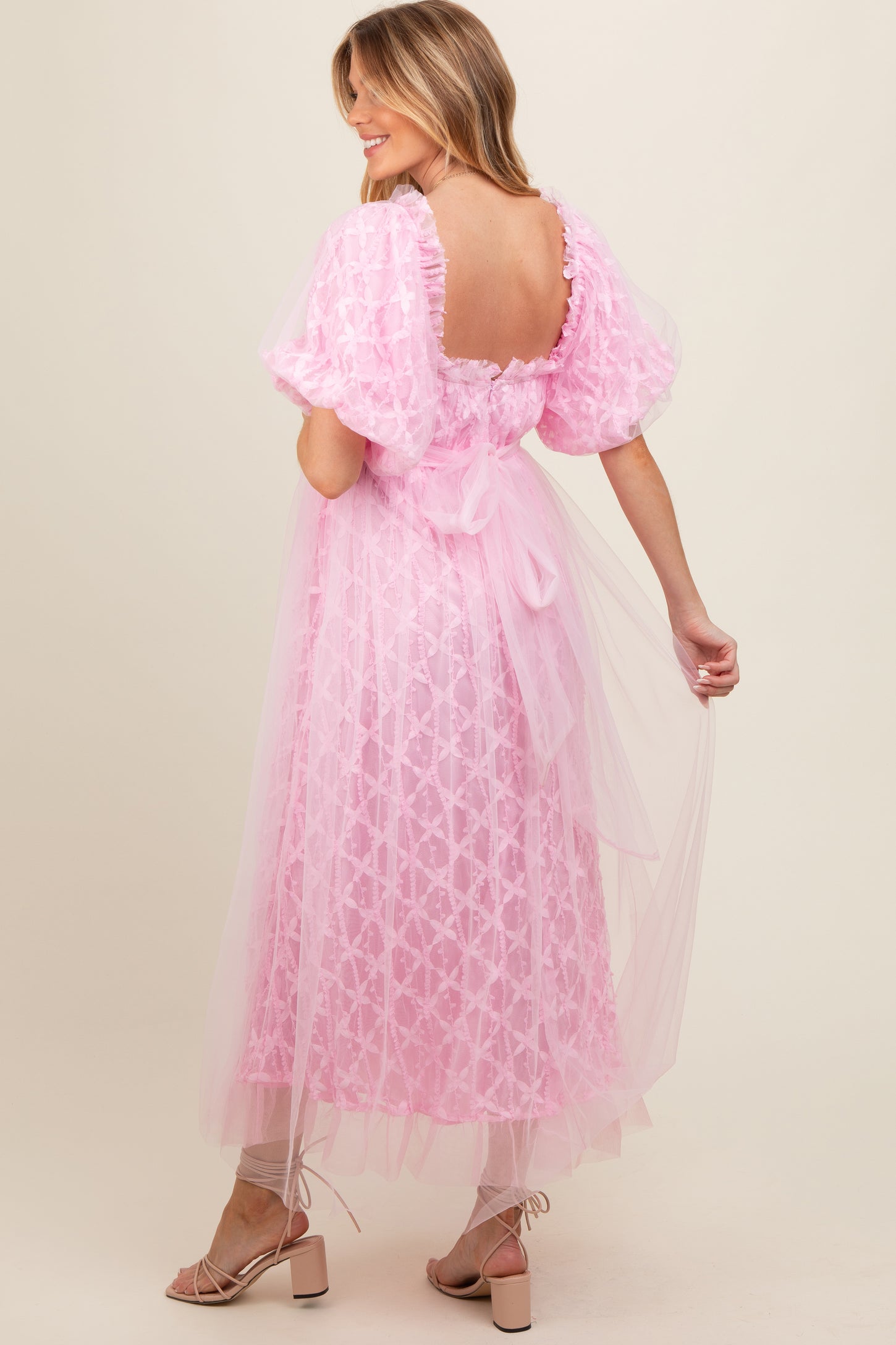 Pink Balloon Sleeve Embroidery Mesh Maternity Midi Dress
