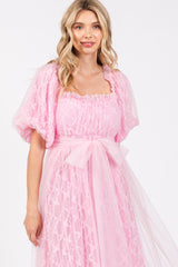 Pink Balloon Sleeve Embroidery Mesh Midi Dress