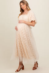 Cream Balloon Sleeve Embroidery Mesh Maternity Midi Dress