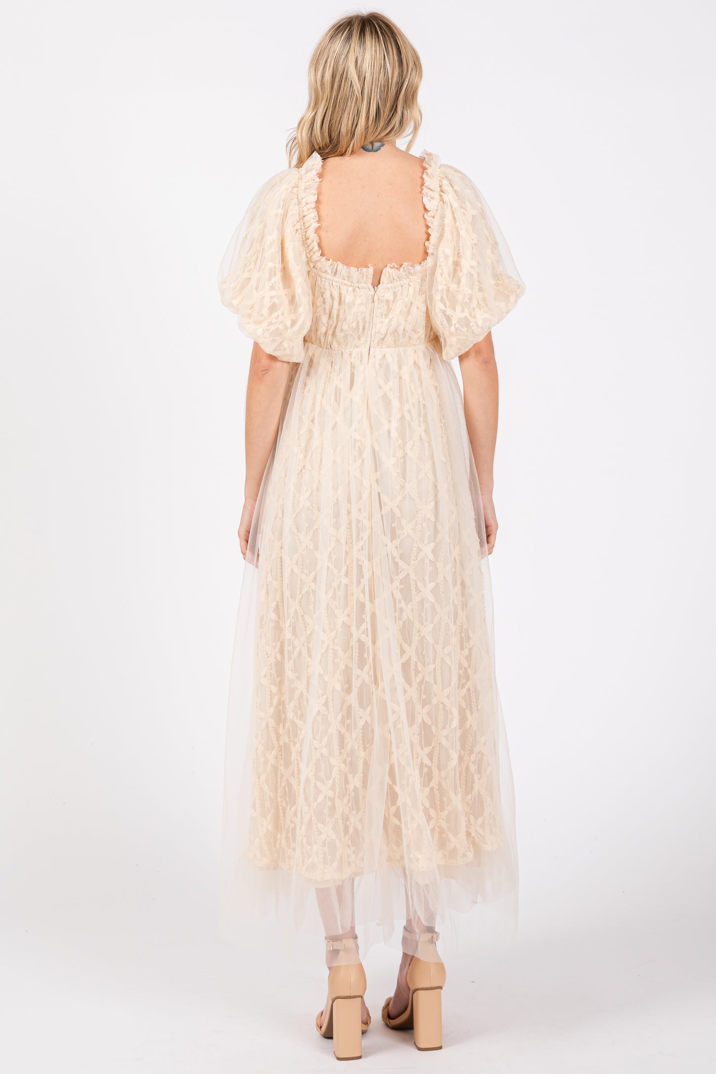 Cream Balloon Sleeve Embroidery Mesh Midi Dress – PinkBlush