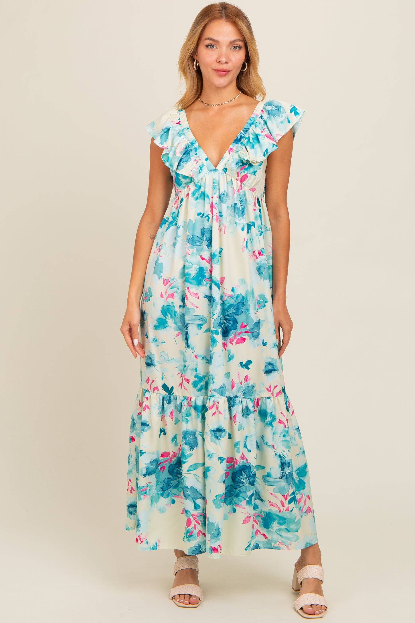 Teal Floral Ruffle Accent V-Neck Maternity Maxi Dress – PinkBlush