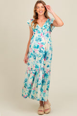 Teal Floral Ruffle Accent V-Neck Maternity Maxi Dress – PinkBlush