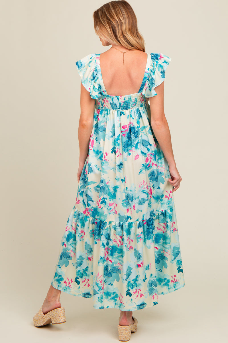 Teal Floral Ruffle Accent V-Neck Maternity Maxi Dress – PinkBlush