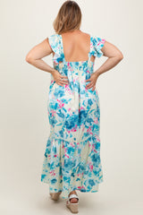 Teal Floral Ruffle Accent V-Neck Maternity Plus Maxi Dress