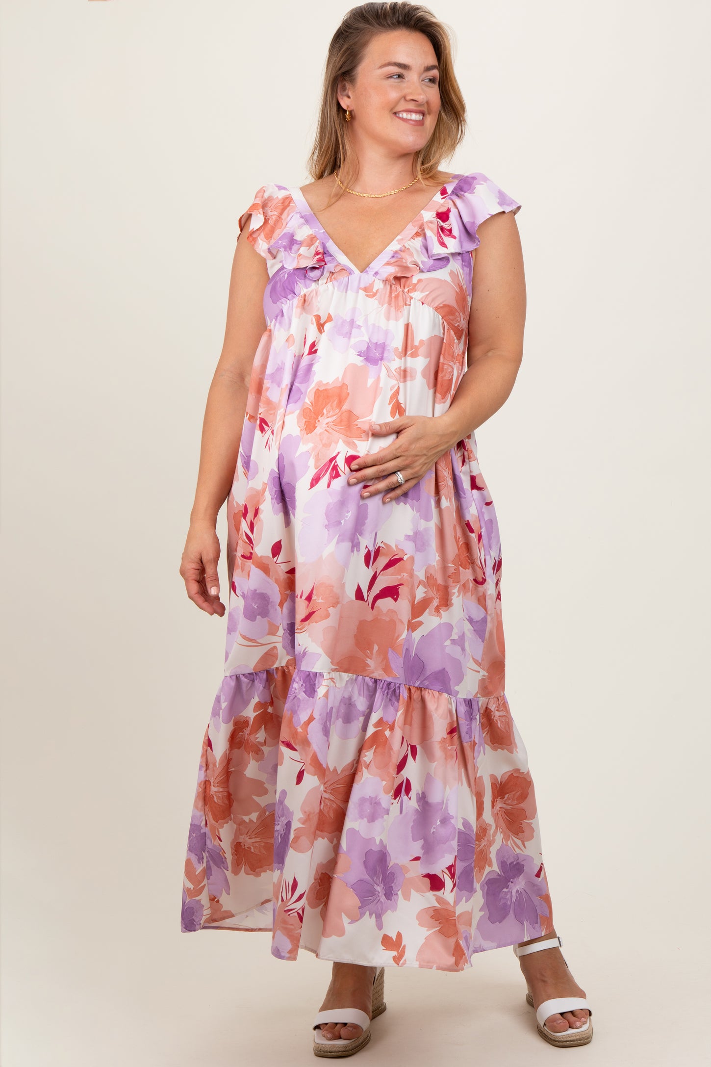 Mauve Floral Ruffle Accent V-Neck Maternity Plus Maxi Dress