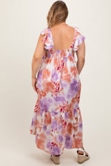 Mauve Floral Ruffle Accent V-Neck Maternity Plus Maxi Dress