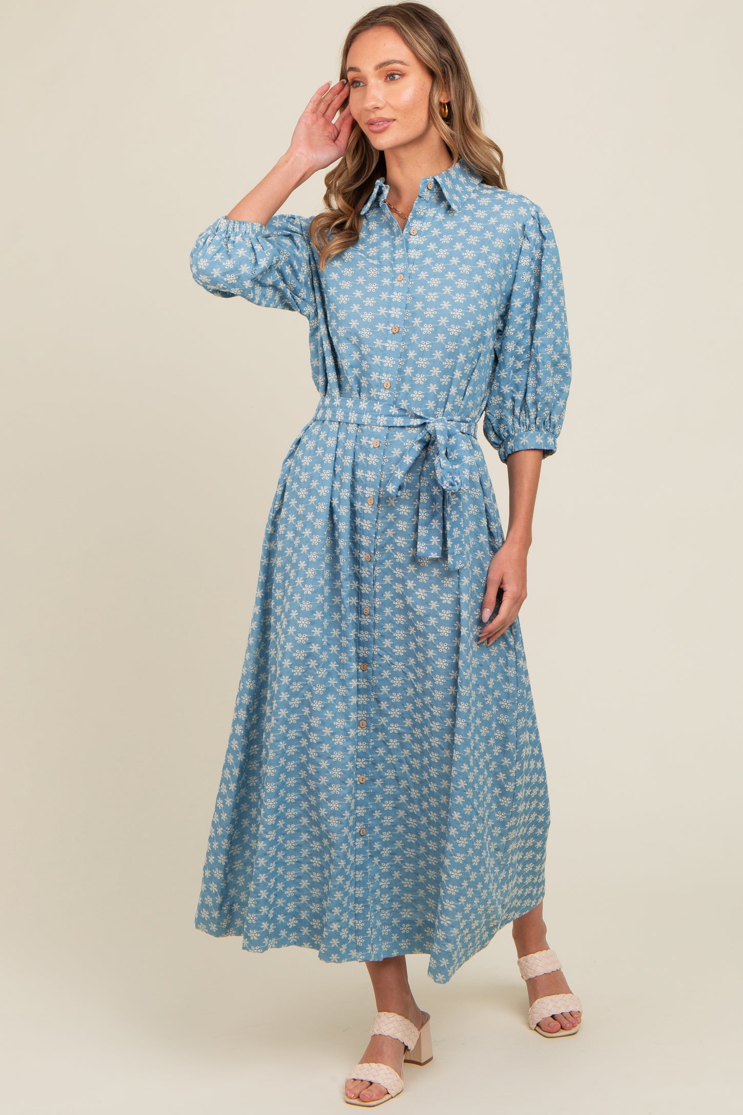 Blue Floral Embroidered Button Down Chambray Maternity Maxi Dress Blue Floral Embroidered Button Down Chambray Maternity Maxi Dress