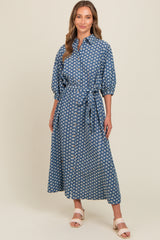 Navy Floral Embroidered Button Down Chambray Maternity Maxi Dress