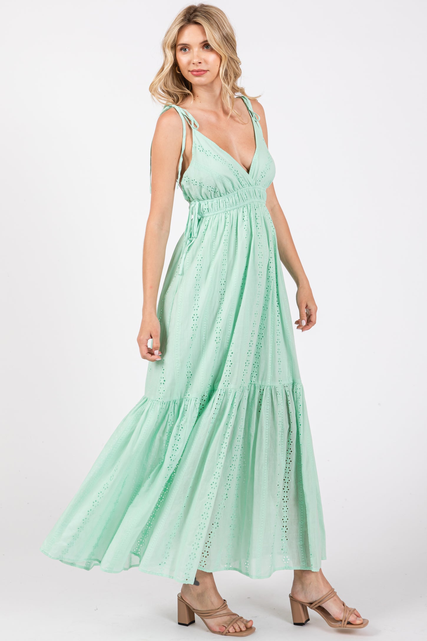 Mint Green Floral Eyelet Shoulder Tie Dress PinkBlush Mint Green Floral Eyelet Shoulder Tie Dress PinkBlush