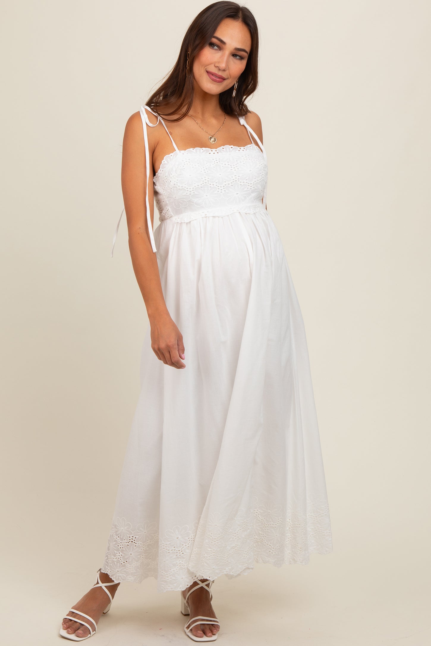 white eyelet maternity dress Hazel - MCO - Nursing Friendly 41.73 34.65 Ivory Eyelet Floral Shoulder Tie