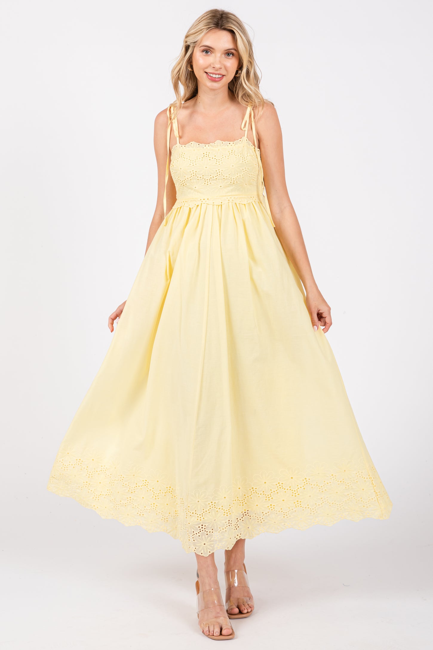Yellow Eyelet Floral Shoulder Tie Dress PinkBlush Yellow Eyelet Floral Shoulder Tie Dress PinkBlush