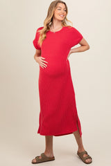 Red Ribbed Short Sleeve Maternity Midi Dress