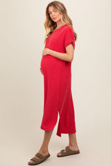 Red Ribbed Short Sleeve Maternity Midi Dress