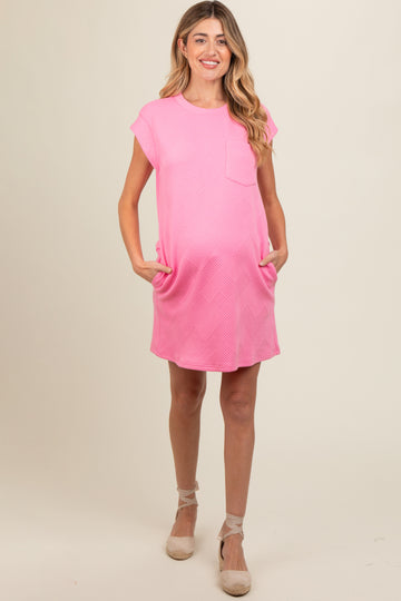 Pink Front Pocket Line Textured Short Sleeve Maternity Dress