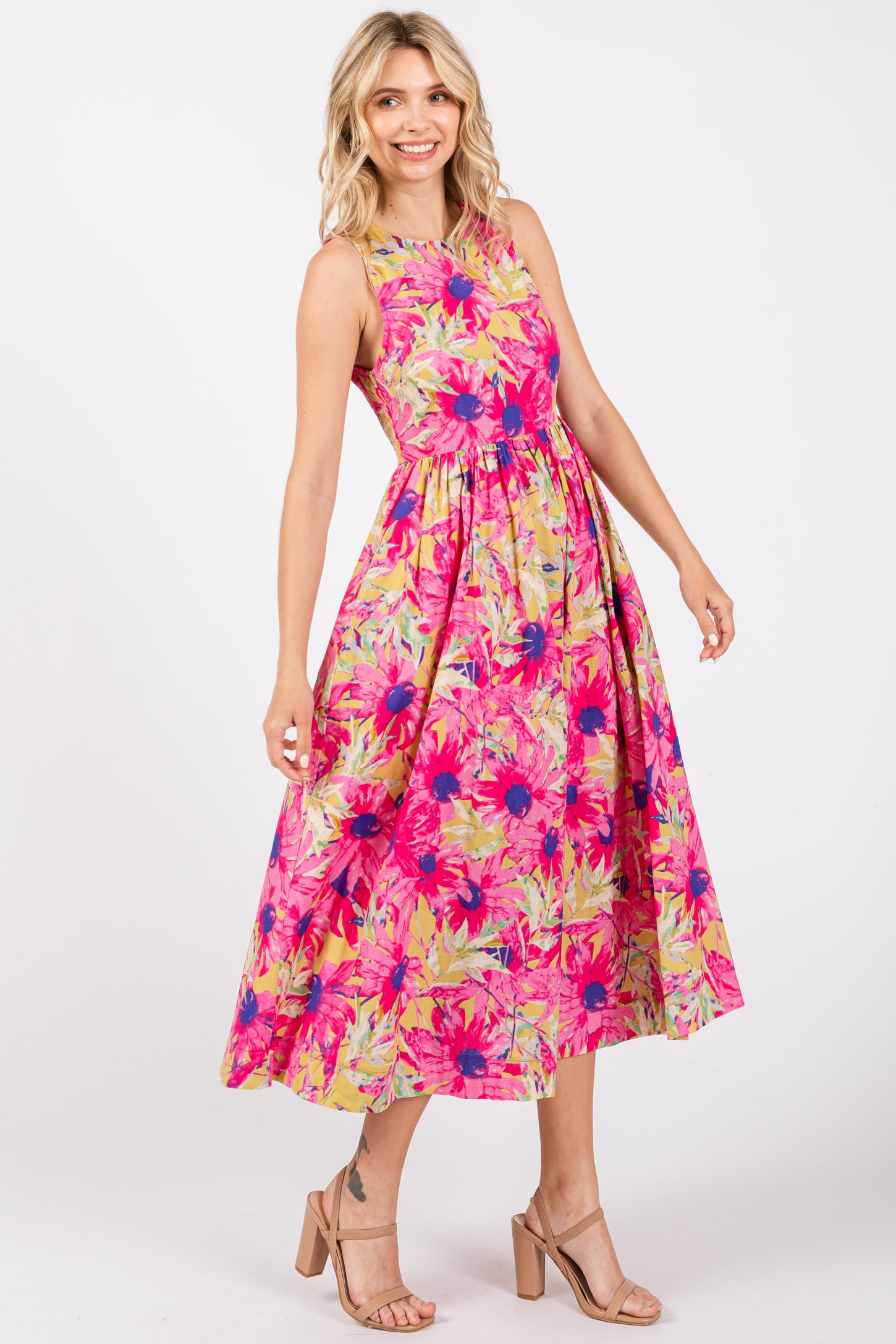 Pink Floral Sleeveless Smocked Back A-Line Midi Dress PinkBlush Pink Floral Sleeveless Smocked Back A-Line Midi Dress PinkBlush