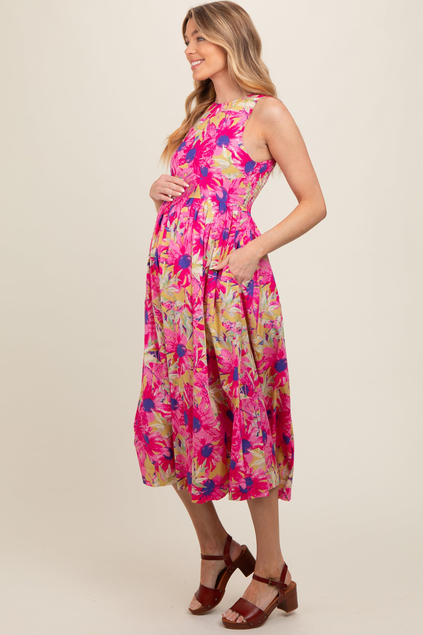 Pink Floral Sleeveless Smocked Back A-Line Maternity Midi Dress Pink Floral Sleeveless Smocked Back A-Line Maternity Midi Dress