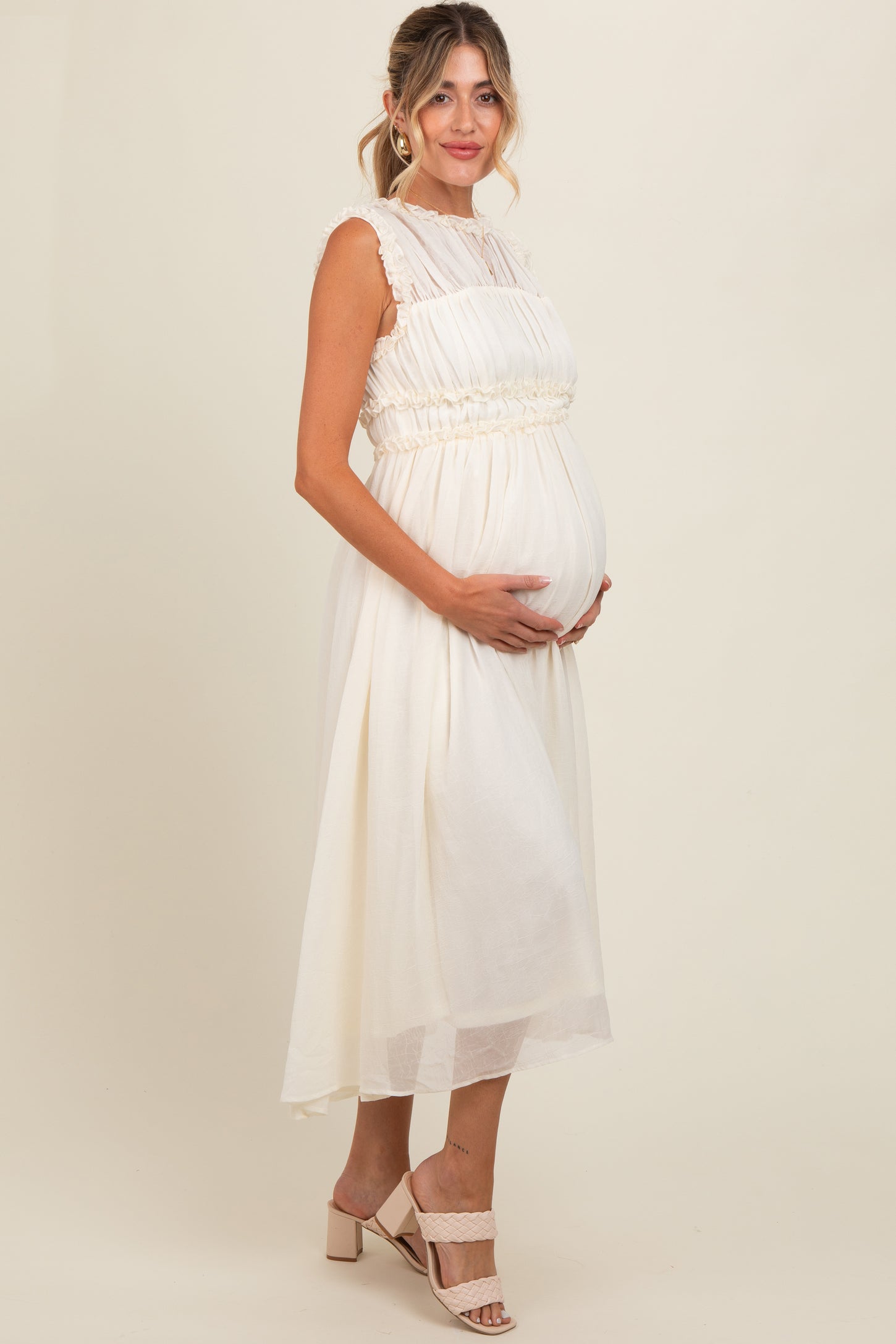 Cream Chiffon Ruched Lettuce Edge Ruffle Maternity Midi Dress PinkBlush Cream Chiffon Ruched Lettuce Edge Ruffle Maternity Midi Dress PinkBlush