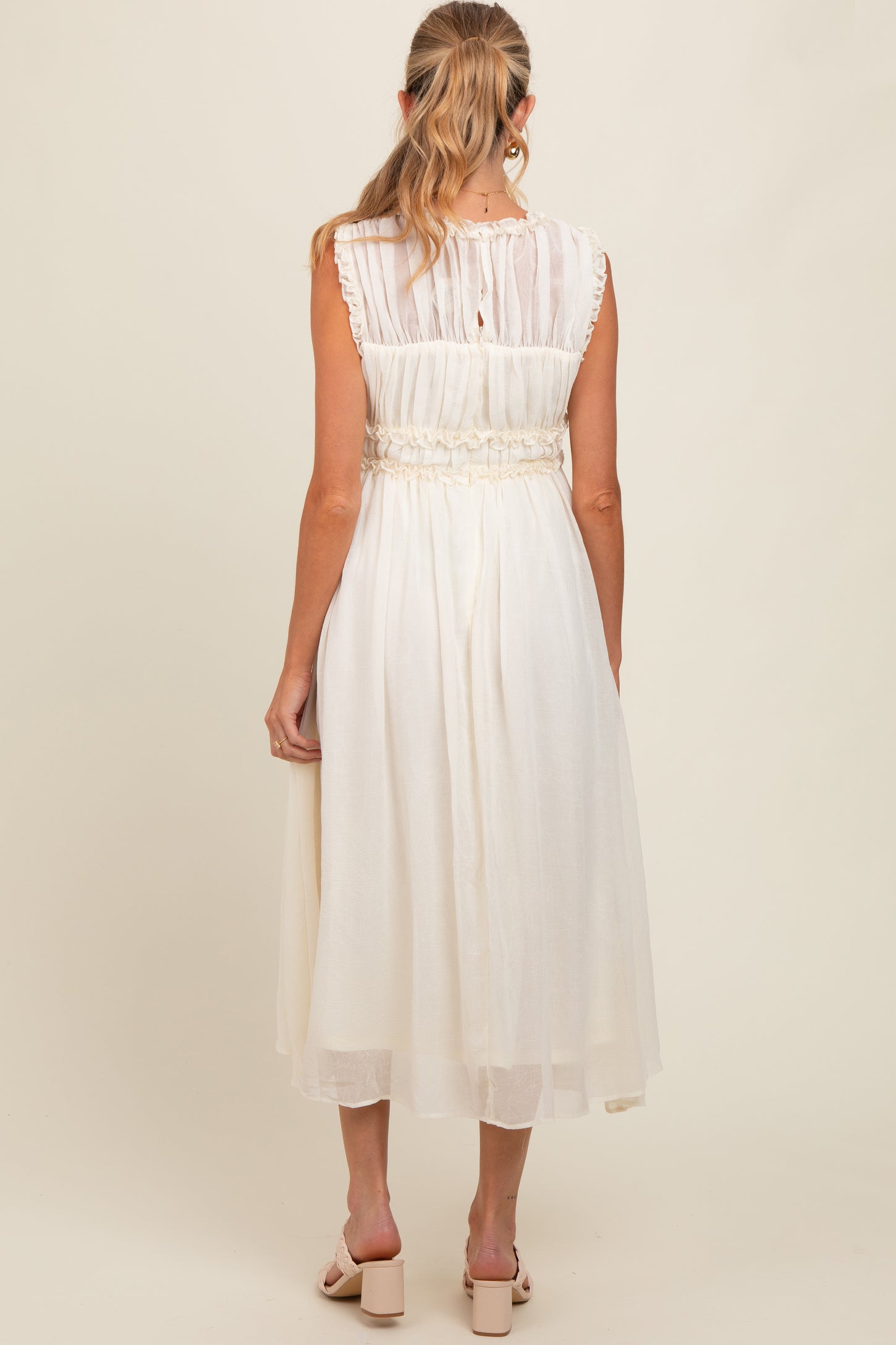 Cream Chiffon Ruched Lettuce Edge Ruffle Maternity Midi Dress PinkBlush Cream Chiffon Ruched Lettuce Edge Ruffle Maternity Midi Dress PinkBlush
