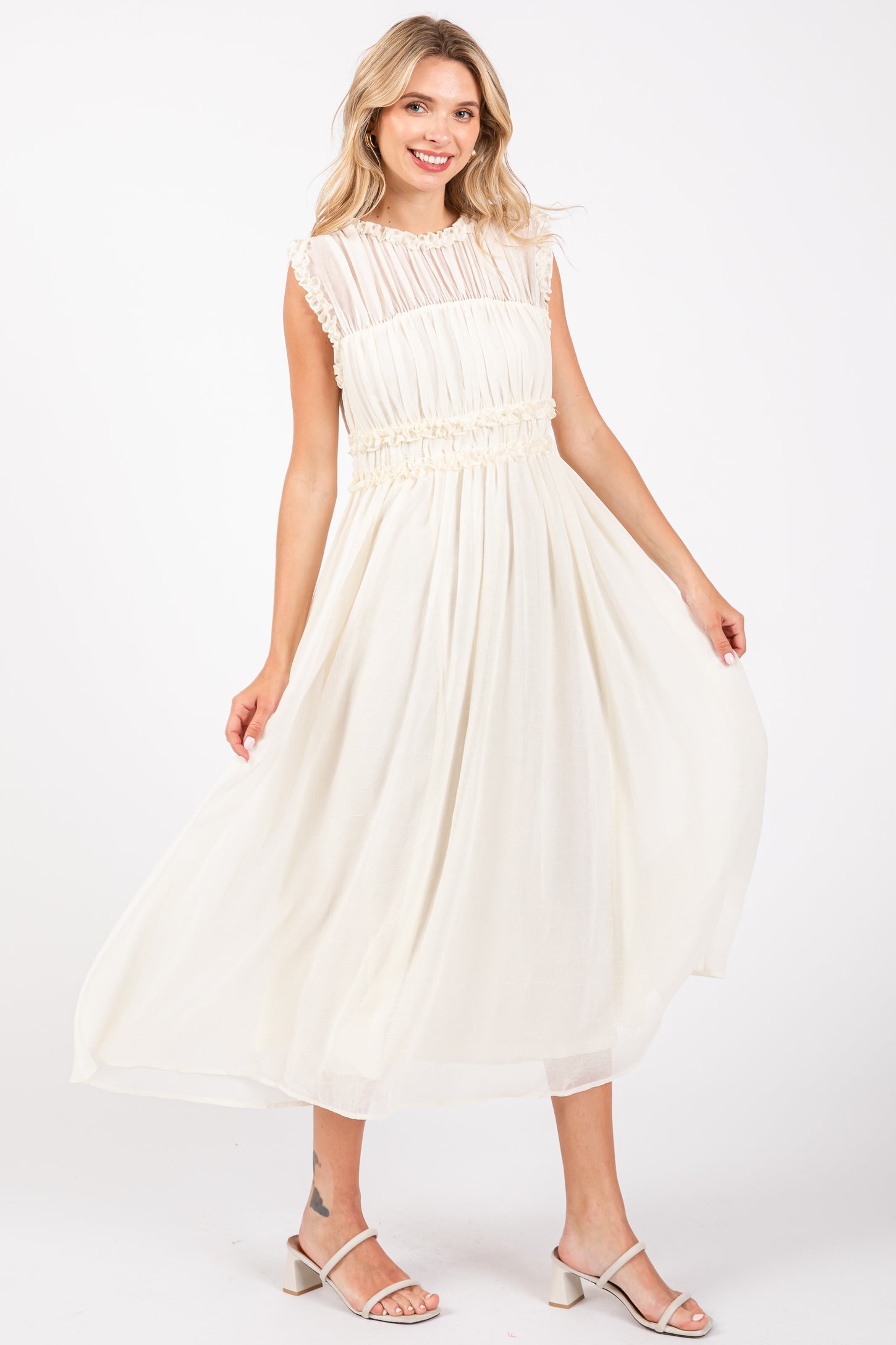cream chiffon midi dress Cream Floral Chiffon Smocked Midi Dress