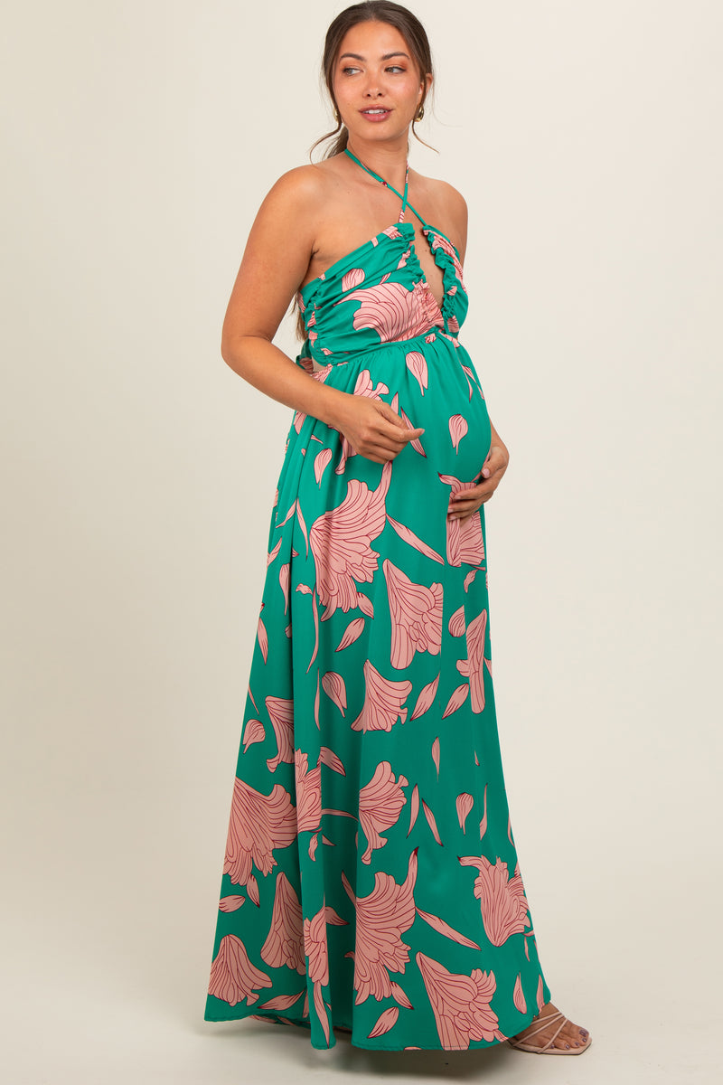 Green Floral Chiffon Front Ruched Halter Maternity Maxi Dress – PinkBlush