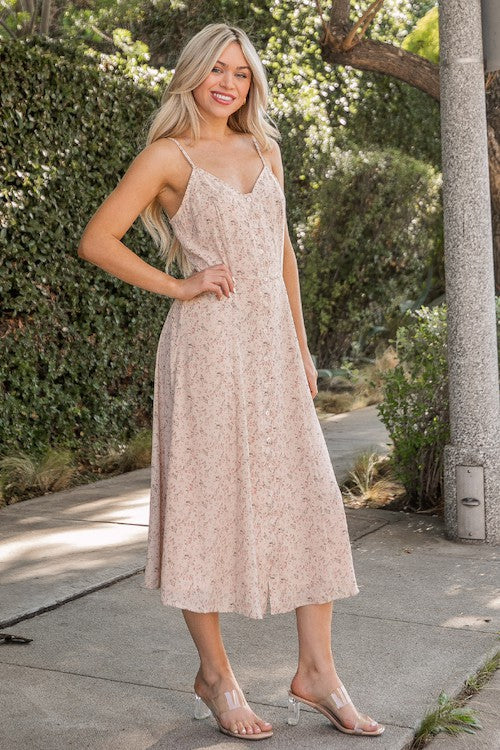 Beige Pink Print Woven Midi Dress