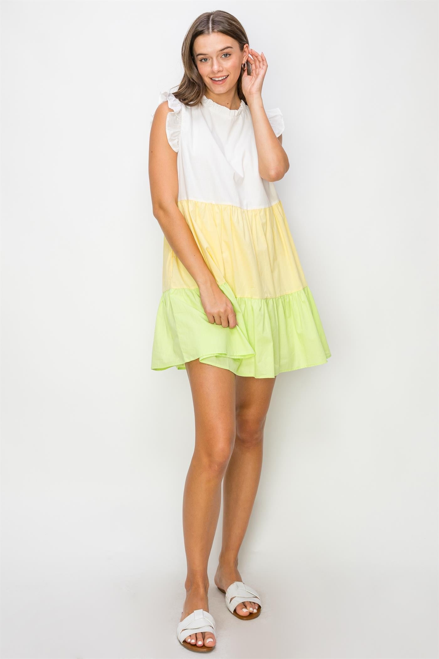 color block mini dress Sugarlips Elliana Crew Neck Sleeveless Shift Dress, Womens, M, Kelly/Cerulean 100% Polyester Lining Yellow Multi Poplin Color Block