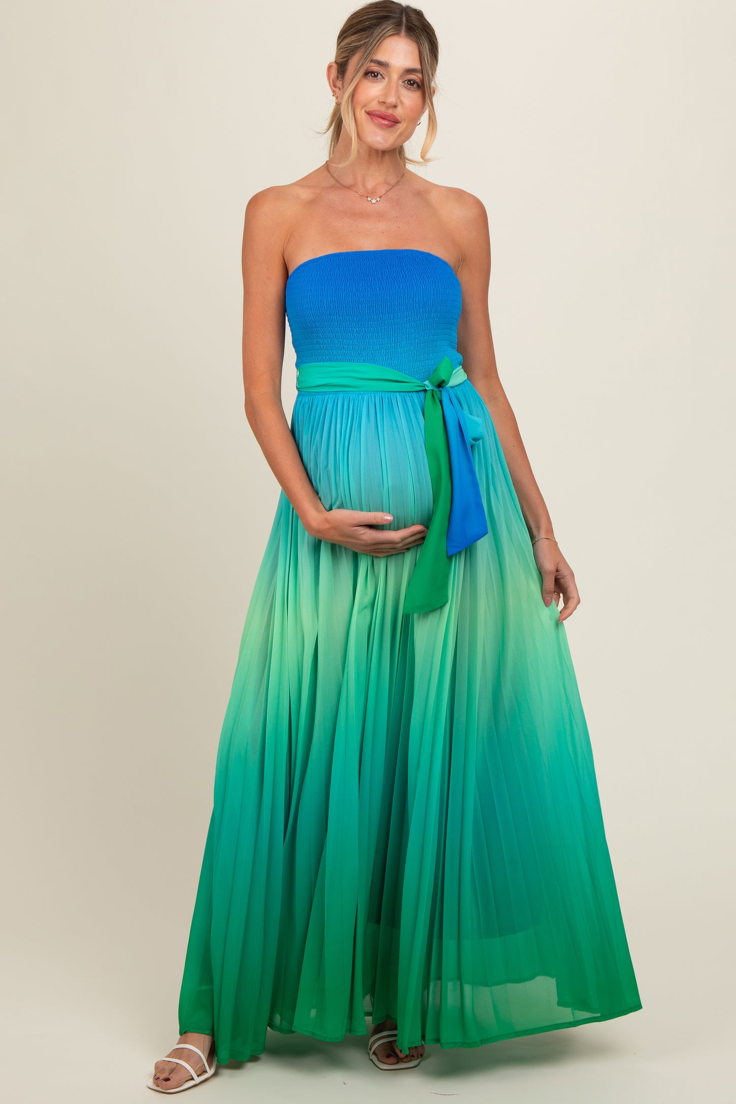 Blue Green Ombre Strapless Pleated Maternity Maxi Dress PinkBlush Blue Green Ombre Strapless Pleated Maternity Maxi Dress PinkBlush