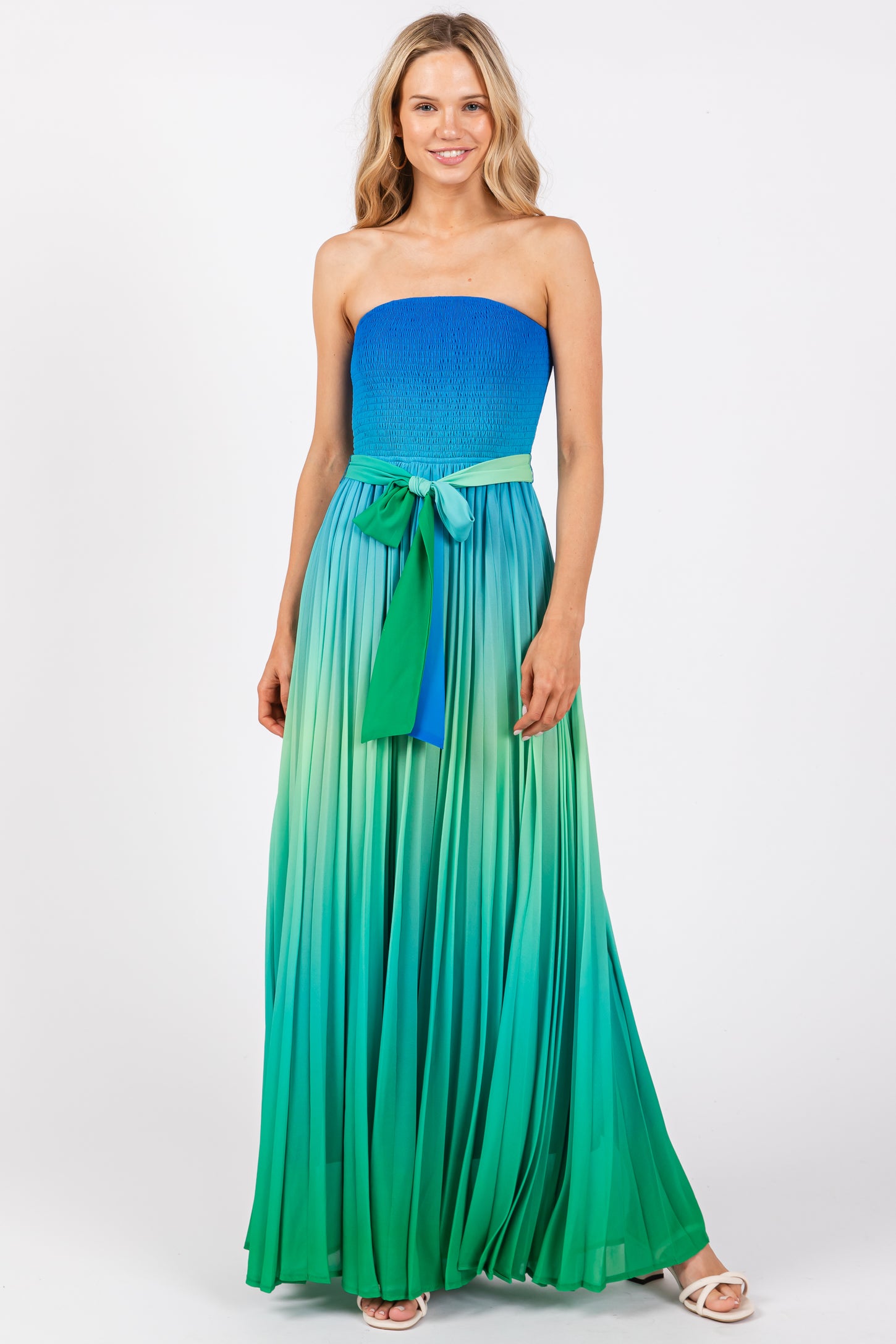 Blue Green Ombre Strapless Pleated Maternity Maxi Dress PinkBlush Blue Green Ombre Strapless Pleated Maternity Maxi Dress PinkBlush