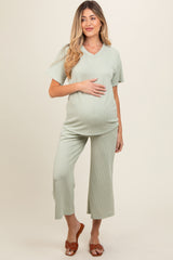 Sage Ribbed Short Sleeve Top Maternity Pajama Set