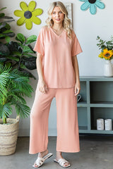 Peach Ribbed Short Sleeve Top Pajama Set