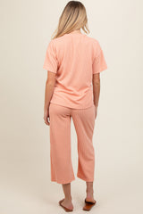 Peach Ribbed Short Sleeve Top Maternity Pajama Set