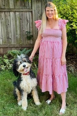 Red Striped Smocked Ruffle Tiered Maternity Midi Dress