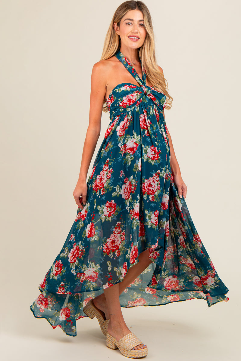 Teal Floral Halter Tie Back Hi-Lo Maternity Dress – PinkBlush