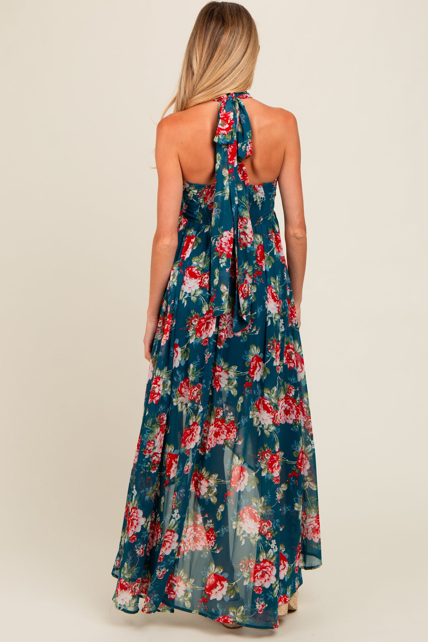 Teal Floral Halter Tie Back Hi-Lo Maternity Dress
