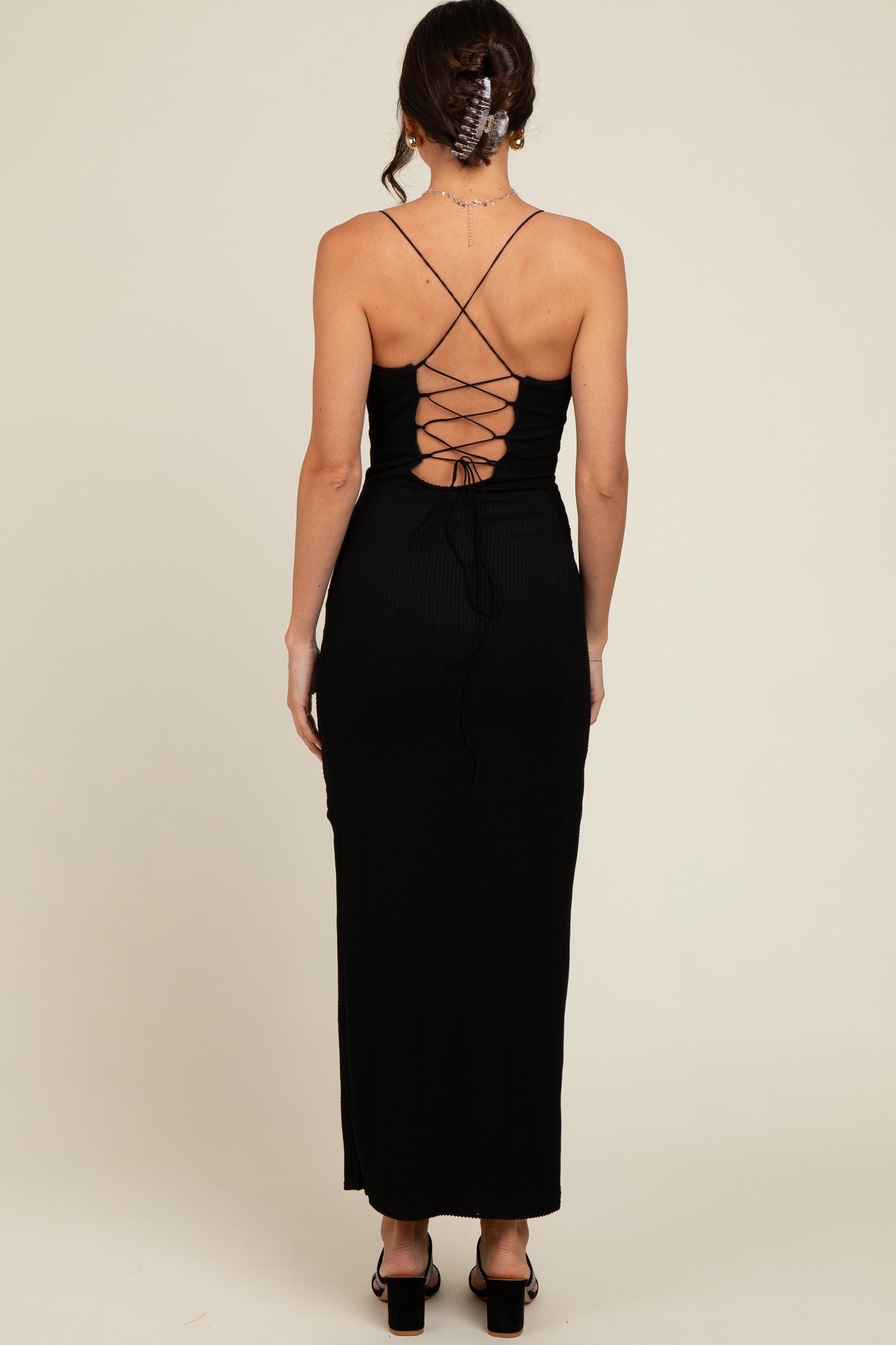 Black Ribbed Lace-Up Back Side Slit Midi Dress PinkBlush Black Ribbed Lace-Up Back Side Slit Midi Dress PinkBlush