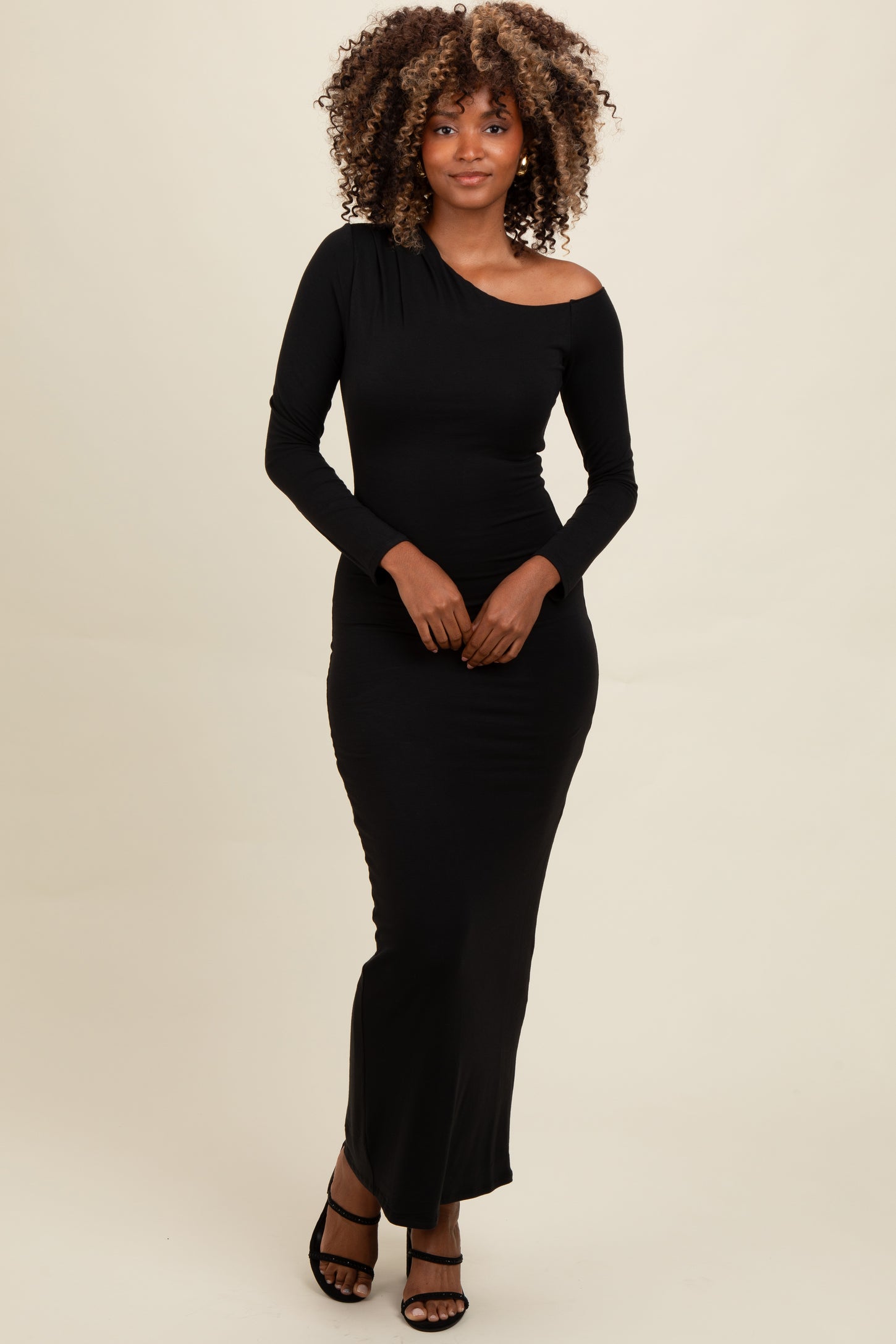 Black One Shoulder Long Sleeve Maternity Midi Dress – PinkBlush
