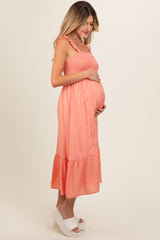 Coral Smocked Bodice Maternity Maxi Dress