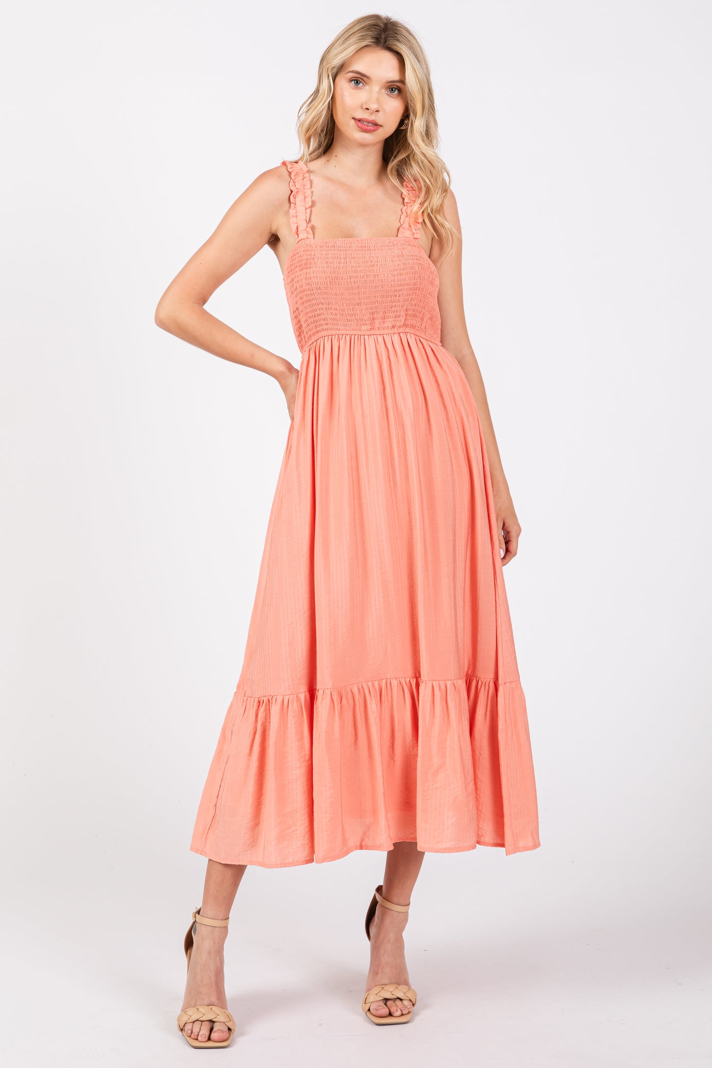 Coral Smocked Bodice Maxi Dress