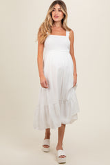 White Smocked Bodice Maternity Maxi Dress