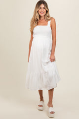 White Smocked Bodice Maternity Maxi Dress