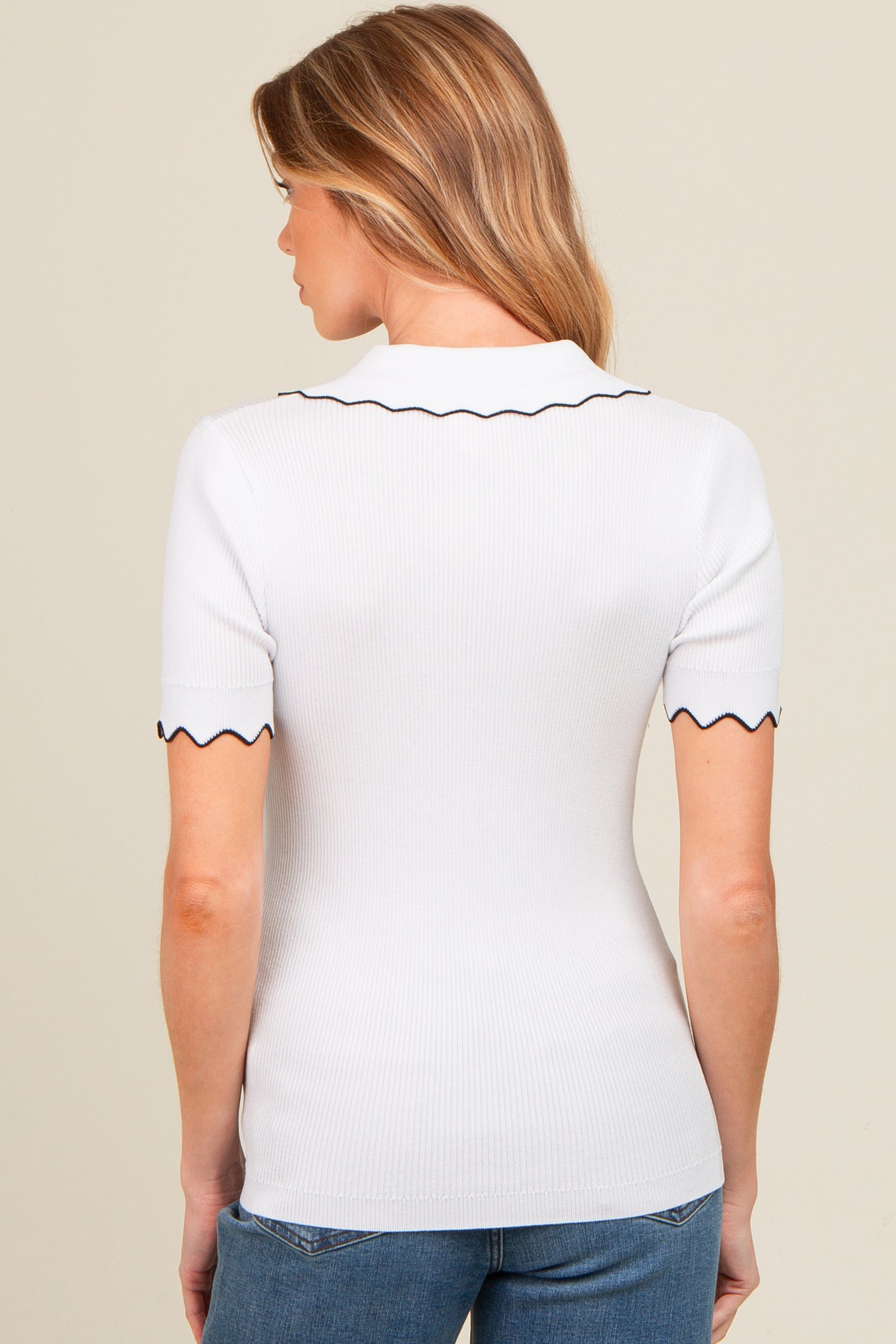 Ivory Ribbed Scallop Trim Split V-Neck Short Sleeve Maternity Top