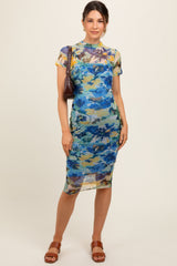 Blue Floral Mesh Short Sleeve Maternity Midi Dress