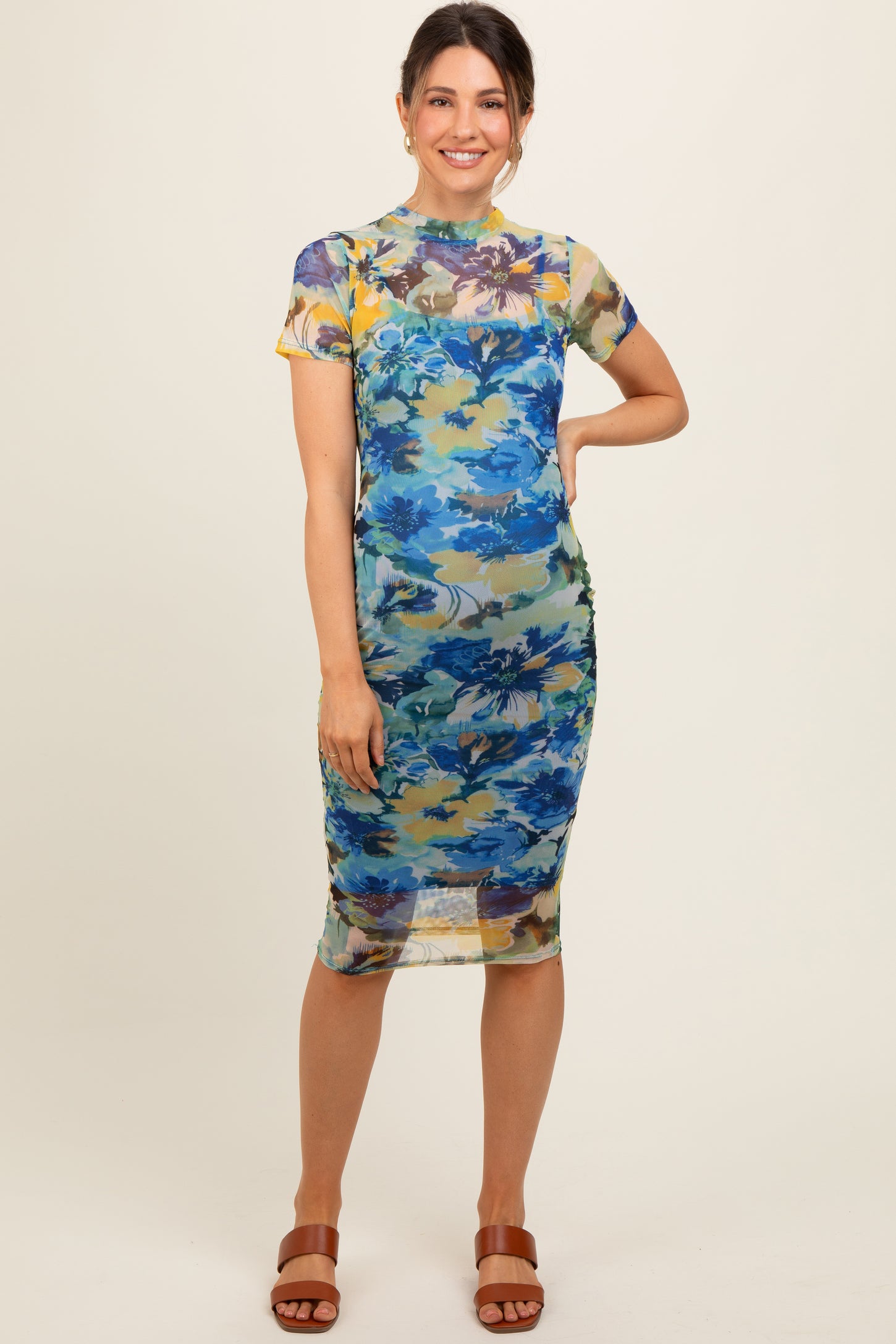 Blue Floral Mesh Short Sleeve Maternity Midi Dress – PinkBlush