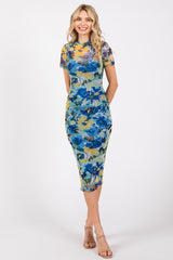 Blue Floral Mesh Short Sleeve Midi Dress