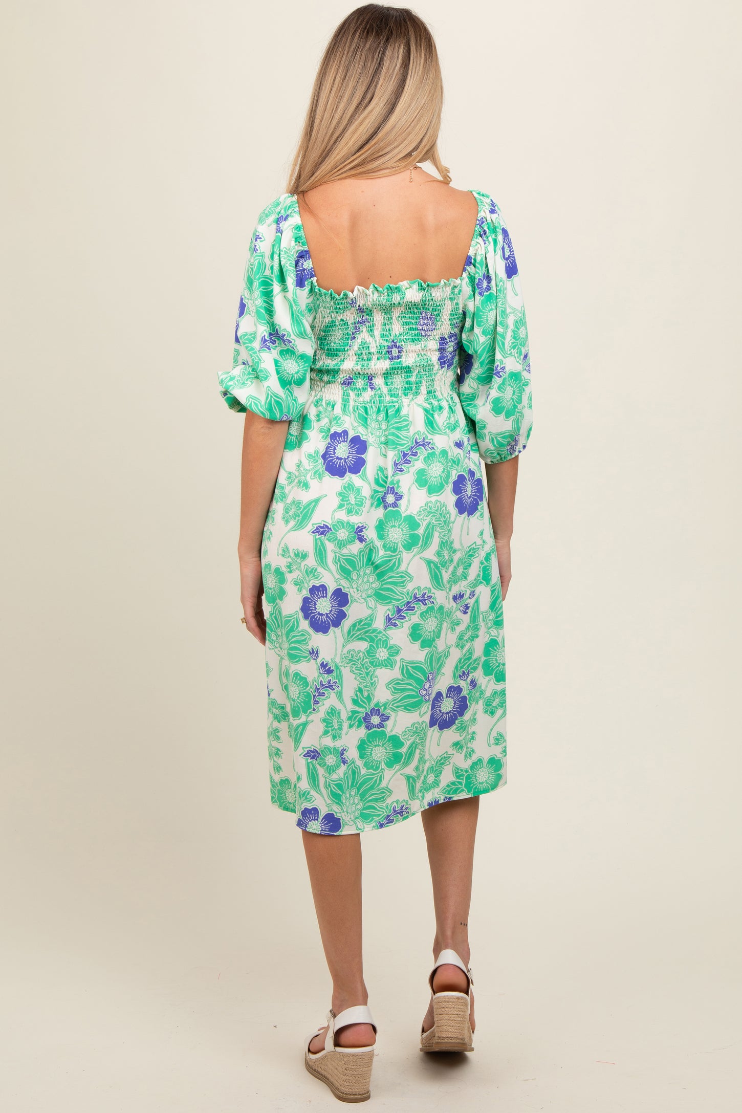 Green Floral Smocked Square Neck Maternity Midi Dress