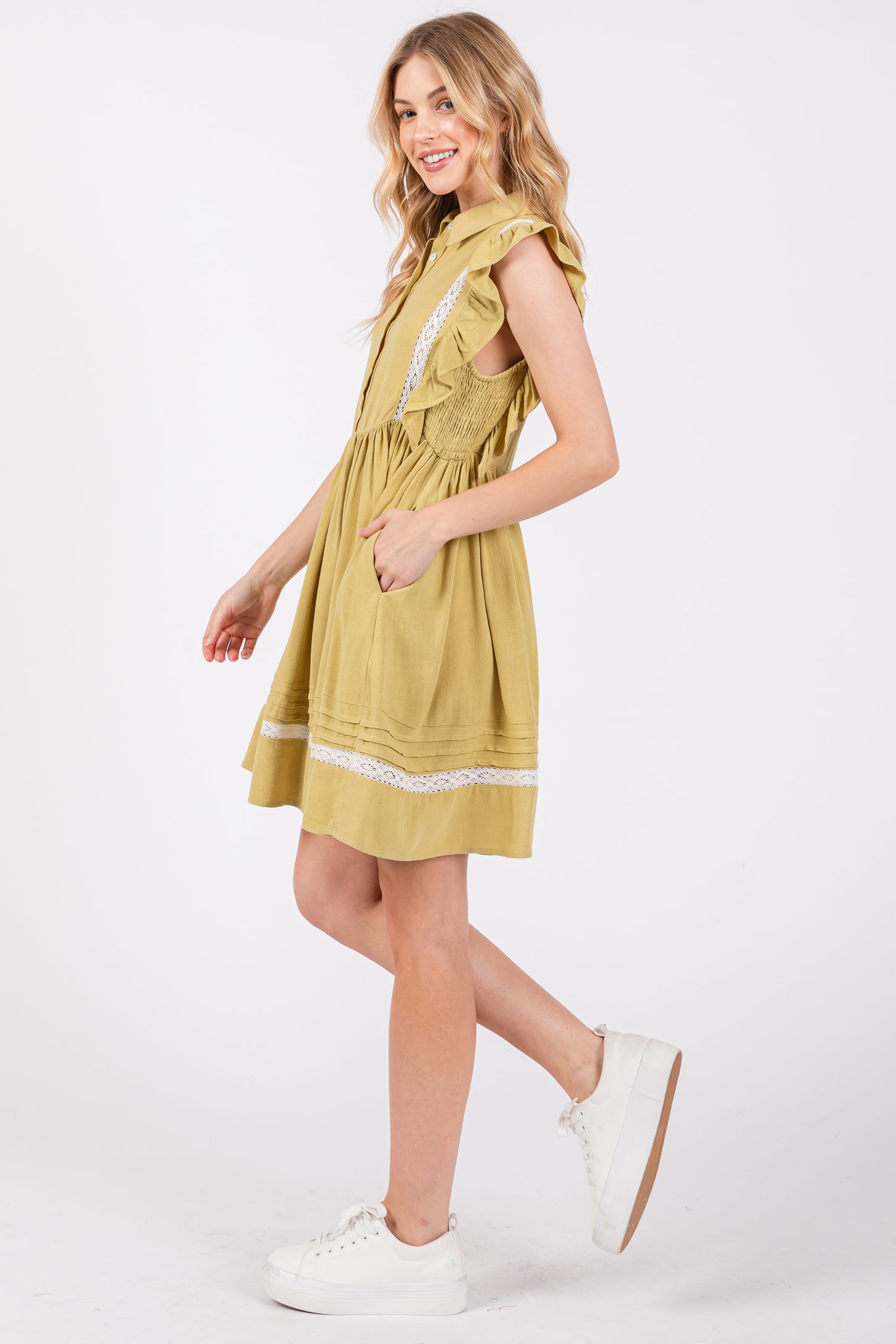 Lime Button Front Flutter Sleeve Mini Dress