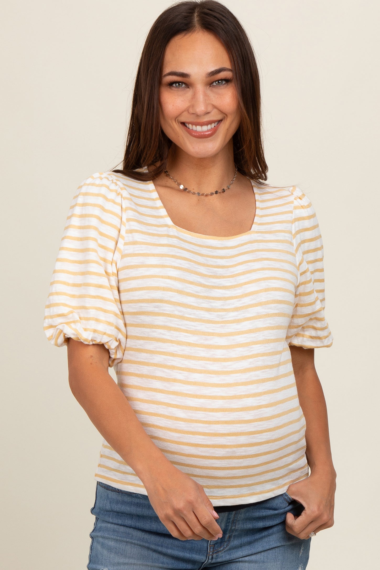 Yellow Striped Puff Sleeve Maternity Top