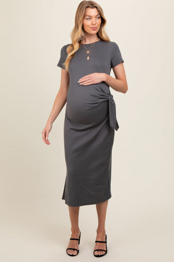 Charcoal Side Tie Maternity Midi Dress
