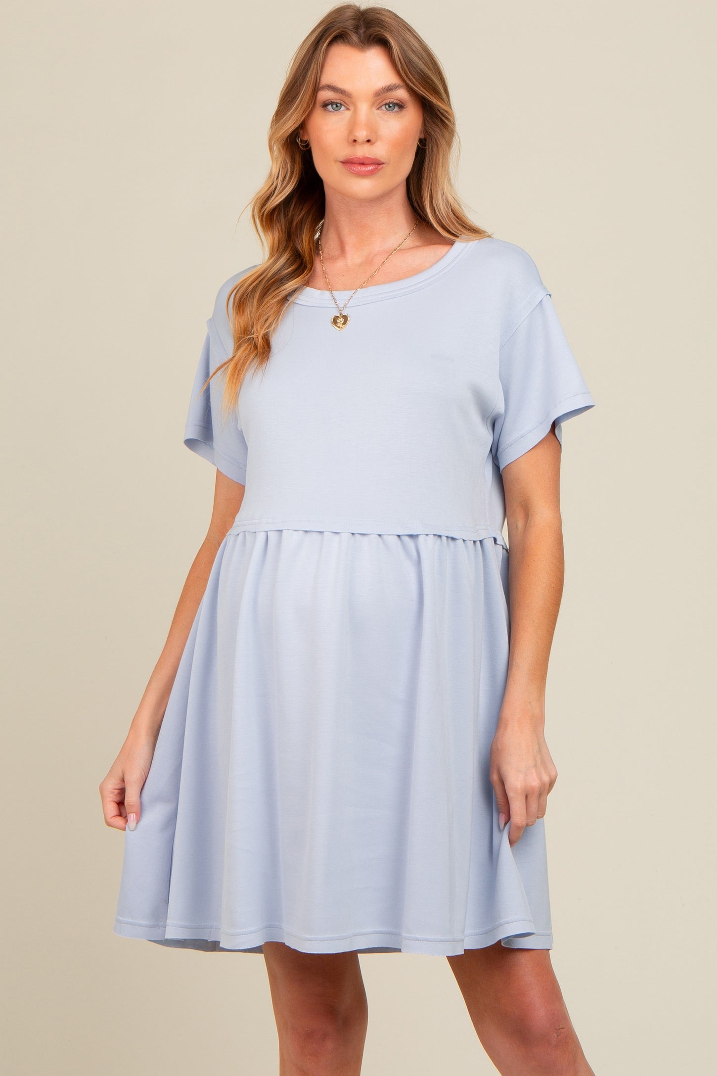 Light Blue Cut Edge Short Sleeve Maternity Dress